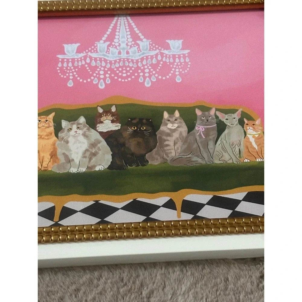 Sapna Shah Cats on Sofa Framed Wall Art Pink Gold White Whimsical Decor